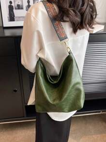 1 件纯色 PU 材料防水时尚复古单肩包商务休闲便携大容量单肩包可调节肩带斜挎包白领、教师、适合女孩、女大学生返校、工作、商务、通勤、大学、新秀和白领、户外、旅行、郊游、书包、办公室 - 軍綠色 - 查看 3