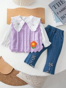 3 件套年轻女孩 2024 秋冬装：3D 花卉装饰毛衣背心、长袖衬衫、牛仔长裤 - 紫色 - 查看 1