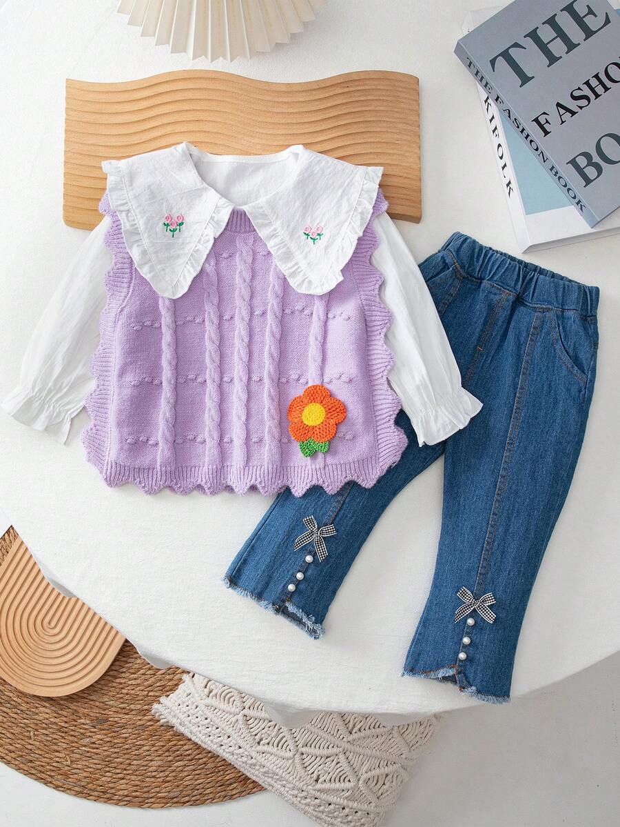 3 件套年轻女孩 2024 秋冬装：3D 花卉装饰毛衣背心、长袖衬衫、牛仔长裤 - 紫色 - 查看 1