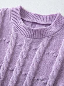 3 件套年轻女孩 2024 秋冬装：3D 花卉装饰毛衣背心、长袖衬衫、牛仔长裤 - 紫色 - 查看 3