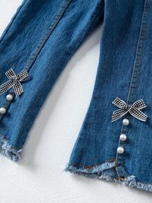 3 件套年轻女孩 2024 秋冬装：3D 花卉装饰毛衣背心、长袖衬衫、牛仔长裤 - 紫色 - 查看 9