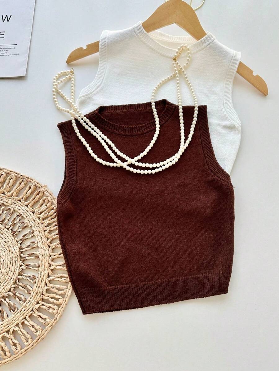 2 Piece Kit Basic Round Neck Blouse Summer Collection Women's Fashion - Coffee Brown - View 1