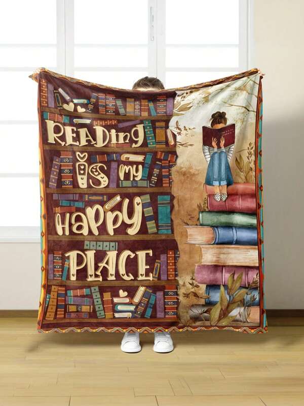 1pc "Reading Is My Joy" Printed Soft, Plush, Lightweight & Warm Blanket - Versatile Use For Sofa, Bed, Travel, Camping & Home Decor - Perfect Christmas Gift For Students & Book Lovers - Machine Washable Polyester Knit Fabric - Modern Style, Easy Care, Unique Gift Choice For Relaxation, Camping & Travel
