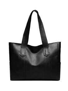 1 pieza Bolso tote de piel de PU de unicolor de alta calidad y de moda, adecuado para ir al trabajo, para la rutina diaria, con asa de mano o correa para el hombro - Negro - Ver 3