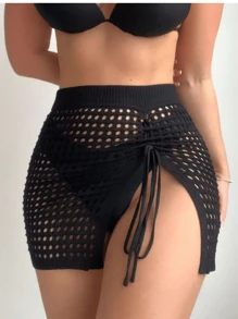 Beach Cover-Up Crochet Knit Skirt With Side Drawstring Slit Festival - Black - View 1