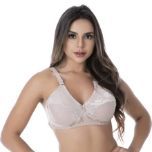 Non-Padded Bra Without Underwire Lycra Reinforced Strap Support With Lace Detail Microfiber - 米色 - 查看 1