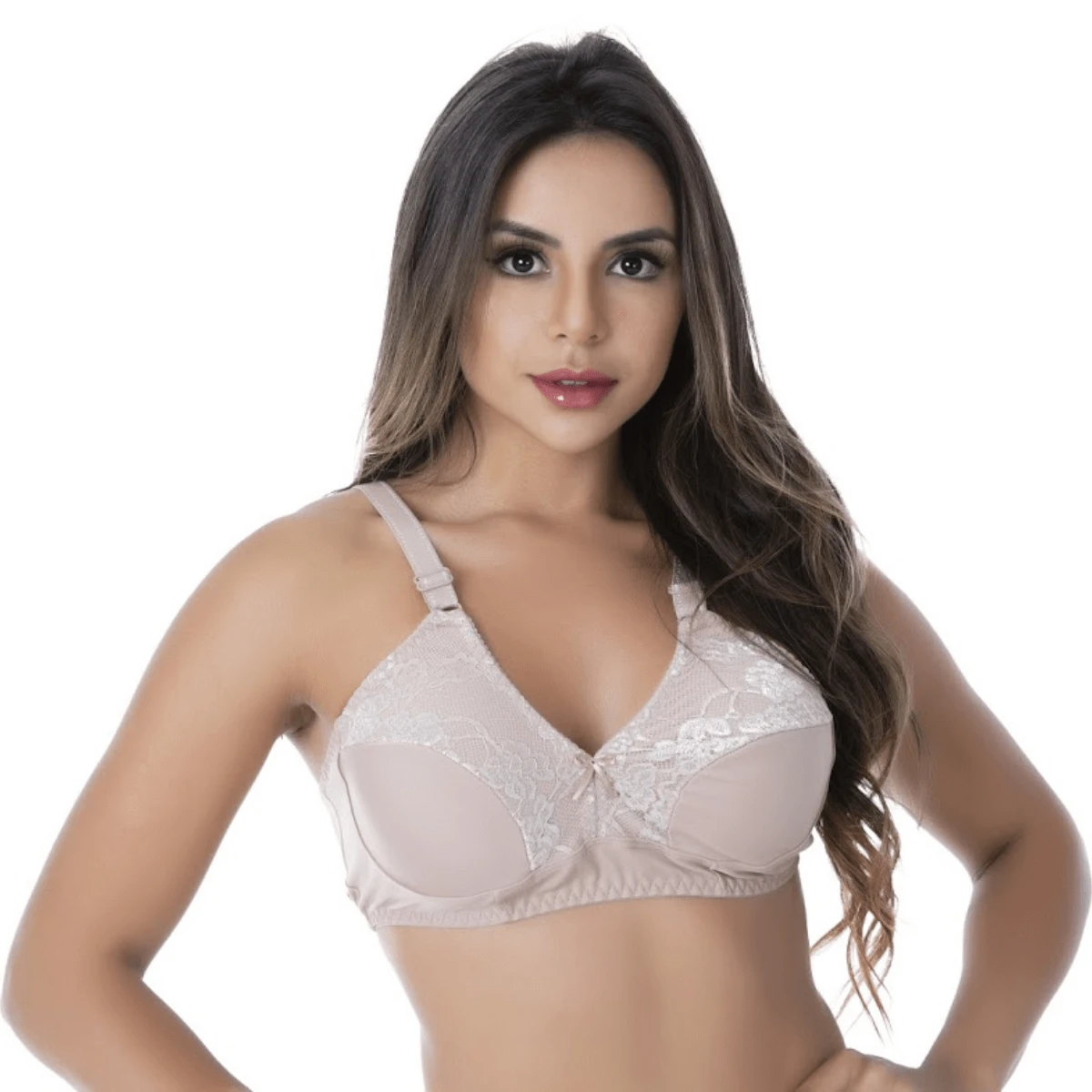 Non-Padded Bra Without Underwire Lycra Reinforced Strap Support With Lace Detail Microfiber - 米色 - 查看 1