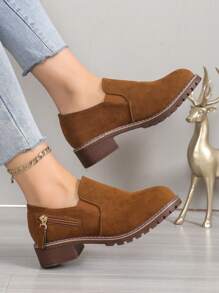 女式学院风简约铆钉拉链设计平底靴，优雅粗跟一脚蹬棕色踝靴 - 棕色 - 查看 3