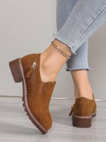 女式学院风简约铆钉拉链设计平底靴，优雅粗跟一脚蹬棕色踝靴 - 棕色 - 查看 4