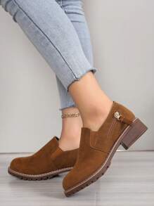 女式学院风简约铆钉拉链设计平底靴，优雅粗跟一脚蹬棕色踝靴 - 棕色 - 查看 5