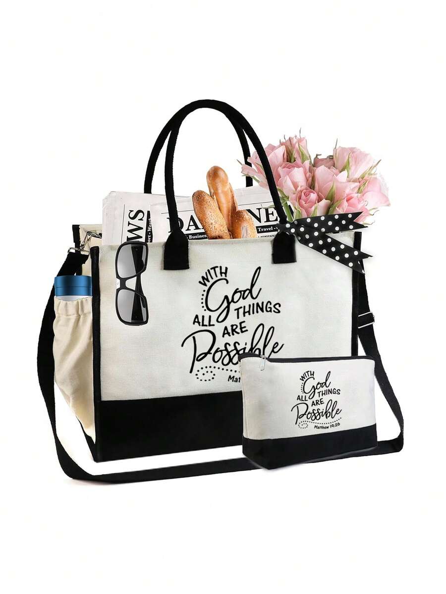 Túi vải canvas họa tiết chữ "All Good Things Are Possible" màu đen và trắng, có dây đeo vai, túi vải bố Christian Faith Over Fear dung tích lớn, có túi đựng đồ trang điểm, Christian, thể hiện niềm tin của bạn, túi đeo vai in chữ, túi xách thường ngày của phụ nữ, túi mua sắm & túi quà tặng, túi giáo viên làm quà tặng giáo viên, vật dụng cần thiết cho ngày tựu trường - Đen và trắng - Xem 1