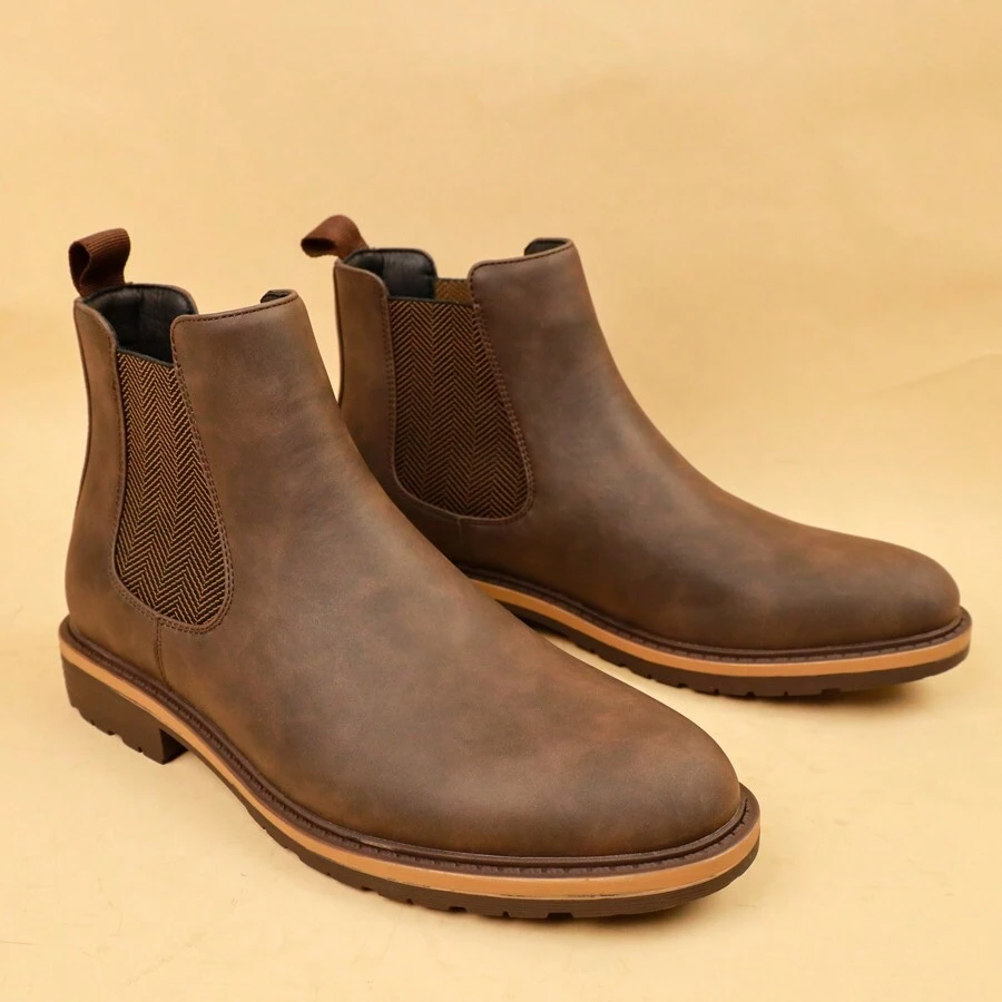 Neue Herren Retro Chelsea Stiefel Schlüpfen Runde Zehenkappe Winter Stiefel, Mode Business Lässig Knöchelstiefel Outdoor rutschfeste Dicksohle