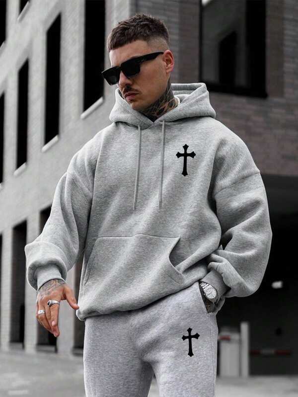 2pcs Men's Casual Plain Color Fleece Hooded Sweatshirt And Sweatpants Set, Autumn/Winter