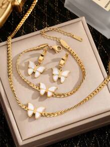 百搭时尚蝴蝶吊坠不锈钢项链 + 手链 + 耳环首饰套装，适合日常佩戴和节日礼物 - 金黃色 - 查看 16