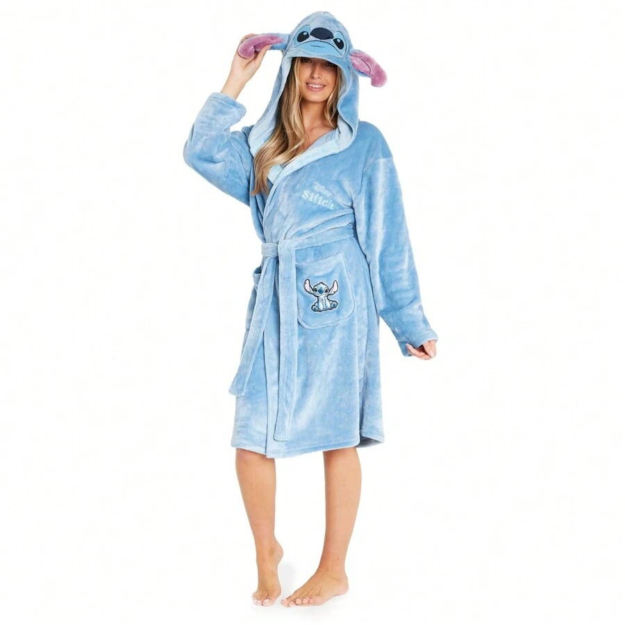 Disney Dressing Gowns Fleece Hooded Robes Stitch Gift - Blue - View 1