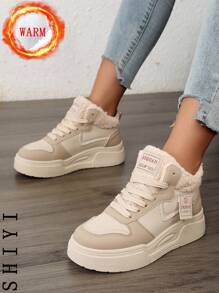 Women's White Casual Shoes, Sports Shoes, Winter New Products With Plush Insulation, Outdoor Thick Sole Height Increase, Fashionable And Versatile Vacation Style, Student Outdoor Hiking Skateboard Shoes, Flat Chunky Sneakers, Snow Boots, Women's Shoes, Height Increasing Shoes, Plush Insulation, Thanksgiving, Halloween Gifts - Khaki - View 5