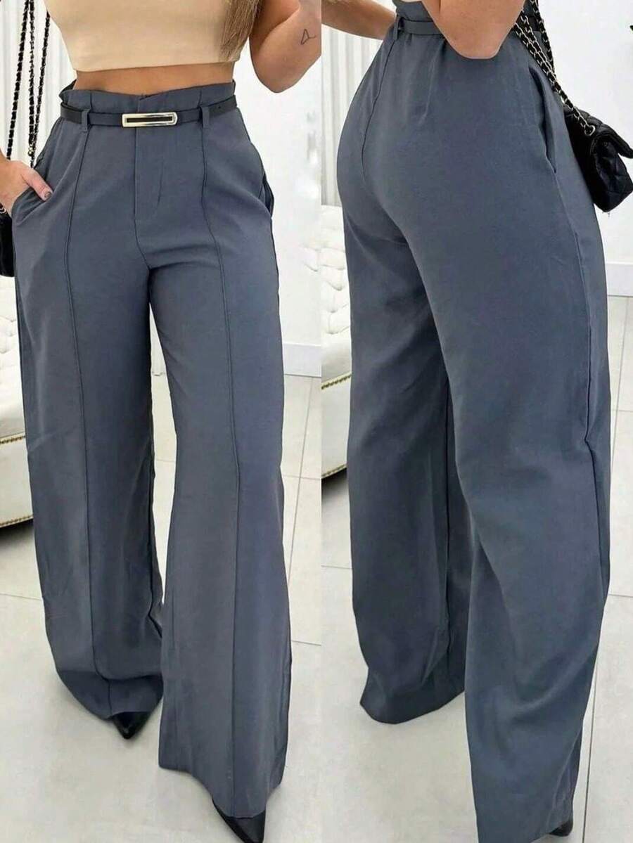 Calça Feminina Social Pantalona Wide Leg Alfaiataria Com Cinto - Cinza - Visão 1