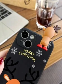 可爱手机壳 1 件装 圣诞 3D 立体雪花驯鹿手机壳 - 超薄硅胶外壳，防刮防震，兼容 15/11/14/13/12/SE2020/XR/XS Max、S22U S23U S24U A55 A54 A35 A25，完美礼物之选，国际版，非国内版 - 黑色 - 查看 4