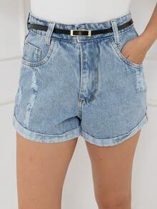 WL Moda Women's Denim Shorts With Pockets Natural Youth Denim Shorts Women's Shorts With Bags With Ripped High Waist - 中等水洗藍 - 查看 4