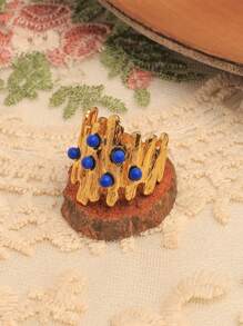 Mazuer 1 Stück vintage goldfarbener vielseitiger eleganter modischer saphirblauer Blatt Blumen doppelseitiger Tropfen Öl Baumstumpf Schmuck Ring, modisches Accessoire Geschenk für Frauen, geeignet für Strand, Party, täglichen Weg zur Arbeit, Urlaub