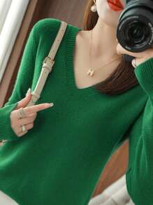 Women's Solid Color V-Neck Knitted Bottoming Shirt Autumn And Winter New Set Of Thin Sweater Thin Section Of The Fashion Inner Tie - 綠色 - 查看 5