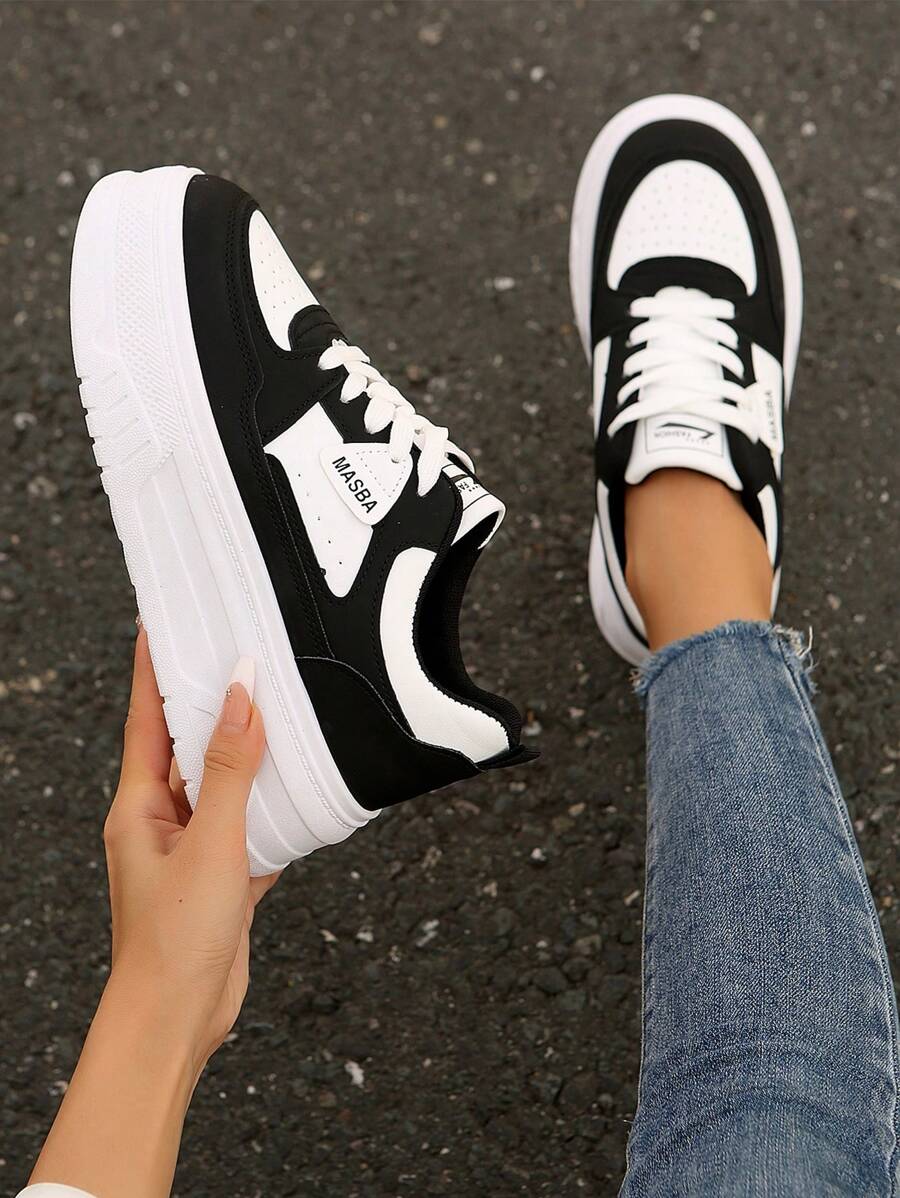 新款女士运动鞋厚底休闲运动鞋高帮时尚百搭平底户外跑步鞋，秋季 - 黑色 - 查看 1