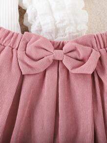 2pcs Young Girl Heart Print Puff Sleeve Top & Bowknot Skirt Set, Autumn/Winter