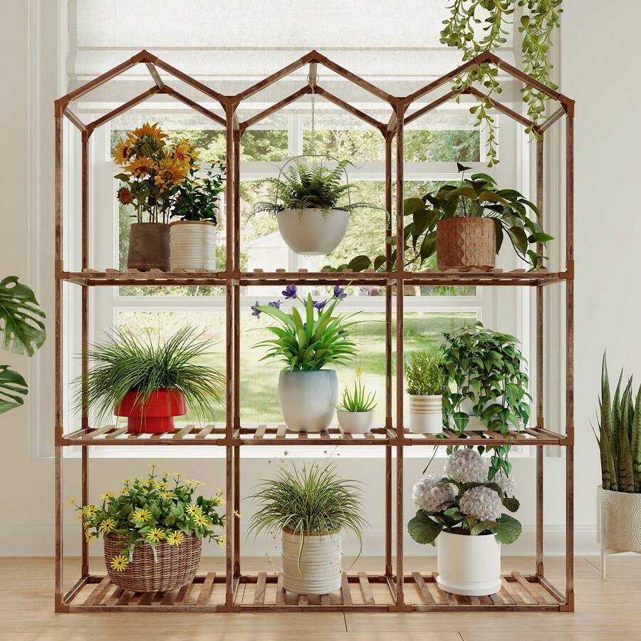 1pc Indoor Plant Stand, 9-Tier Tall Plant Stand For Multiple Indoor Plants, 48.43-Inch Large Wooden Castle-Shaped Flower Display Rack, Suitable For Living Room, Patio, Balcony. - Wood Color - View 1