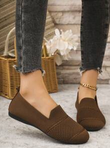 Women's Knitted Flat Mesh Sneakers, Round Toe Casual Slip-On Comfortable Mom Shoes For Daily Walking