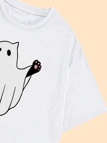 Cute Helloween Kitten Printed T-Shirt Women's Casual Comfort Blouse - trắng - Xem 5