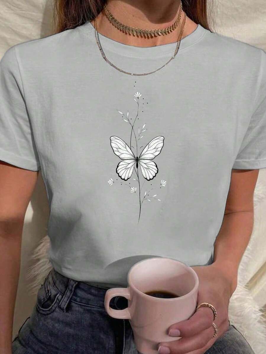 Women's Minimalist Cute White Butterfly Print T-Shirt - Xám - Xem 1