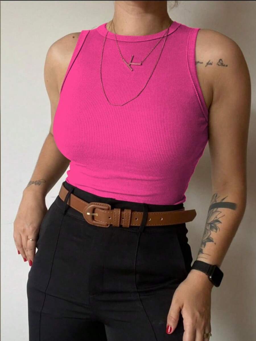 Women's Basic Ribbed Tank Top Ribana - Rose vif - Voir 1