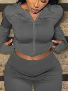 LovelyWholesale Damen Lässig Hooded Kragen Reißverschluss Crop einfach und schlicht für Alltagstragen Strickjacke Frühling Herbst