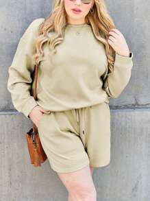 Women's Casual Two-Piece Set Textured Solid Color Two-Piece Short Set With Pocket Brown Long Sleeve Pullover Relaxed Fit Drawstring Waist Shorts With Pocket Crew Neck Hip-Length Solid Color Fall Comfortable Loungewear Outing