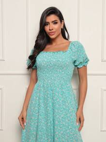 Long Dress With Puffed Sleeves Elastex Print - 淺藍色 - 查看 3