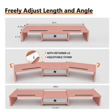Dual 3 Shelf Computer Riser With Drawer, Adjustable Length And Angle, Desktop 2 Monitor Stand Storage Organizer - 粉色 - 查看 7