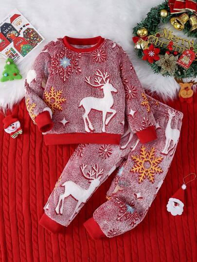 Chatreadl Conjunto Plush Quente de 2 Peças com Estampa Fofa Natalina de Veado Vermelho na Neve, de Gola Redonda, Adequado para Outono e Inverno