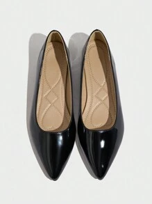 Black Patent Leather Low Heel Pumps, Casual Office Pointed Toe Soft Bottom Comfortable Non-Slip Work Shoes For Women Valentines