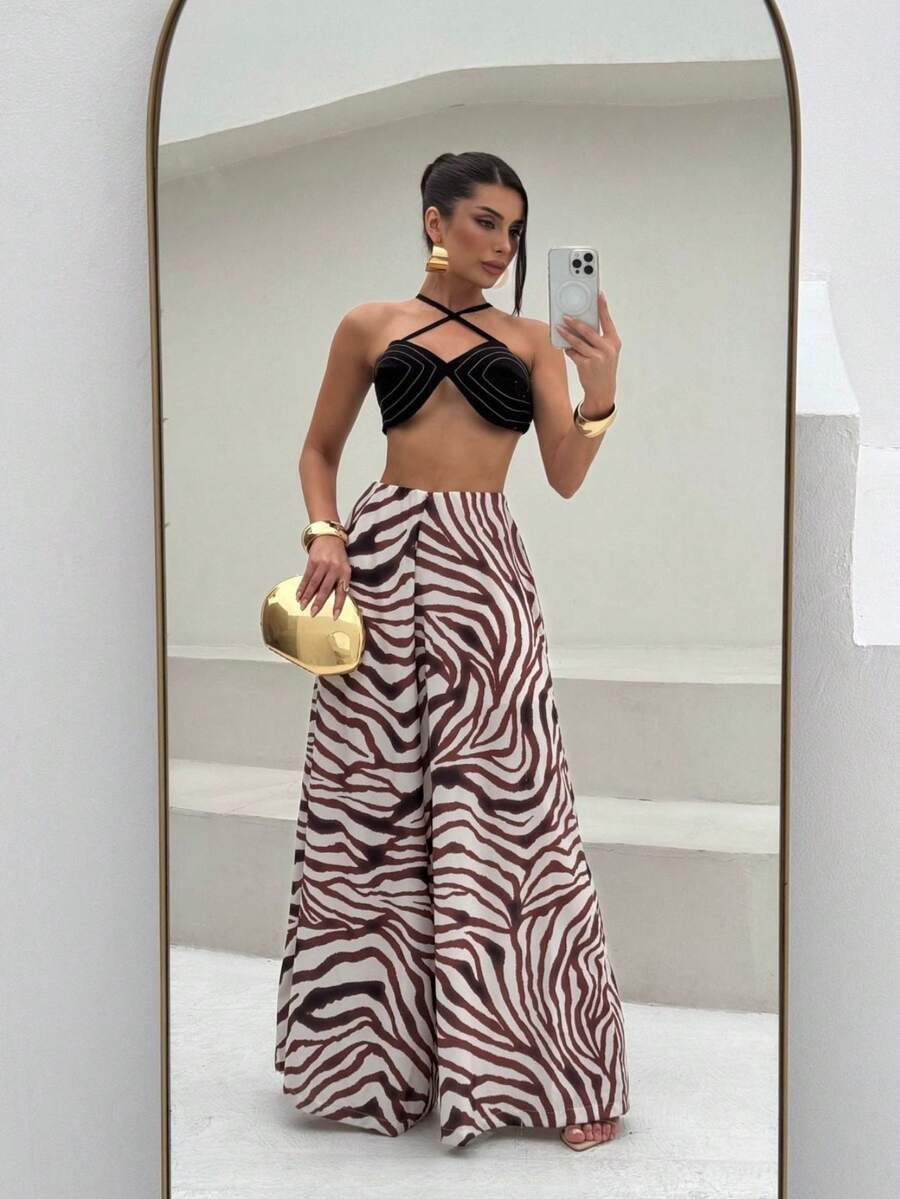 Animal Print Zebra Wide Leg Pants In Premium Soft Fabric – Exclusive Comfort And Style - Màu nâu  Mocha - Xem 1