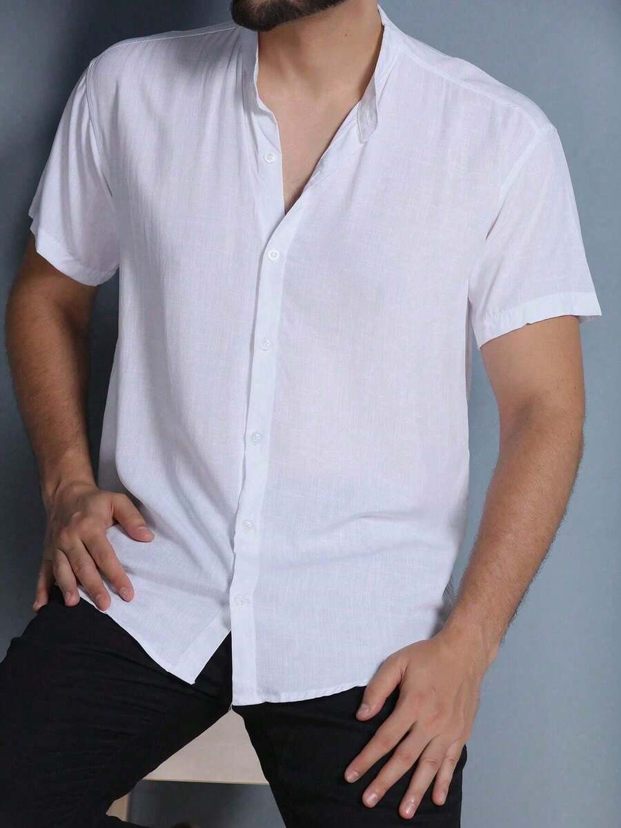 Men's Short Sleeve Dress Shirt With Priest Collar For Summer - - 白色 - 查看 1