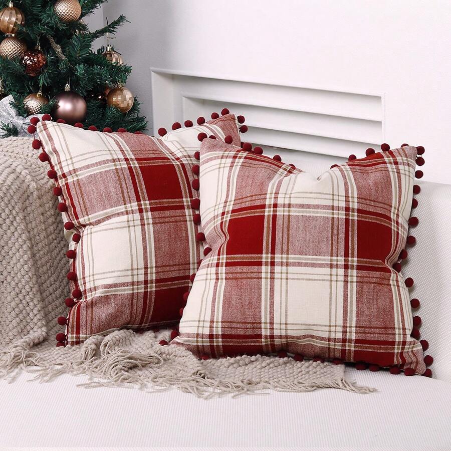 Christmas Linen Look Plaid POMPOM Cushion Cover - Red - View 1