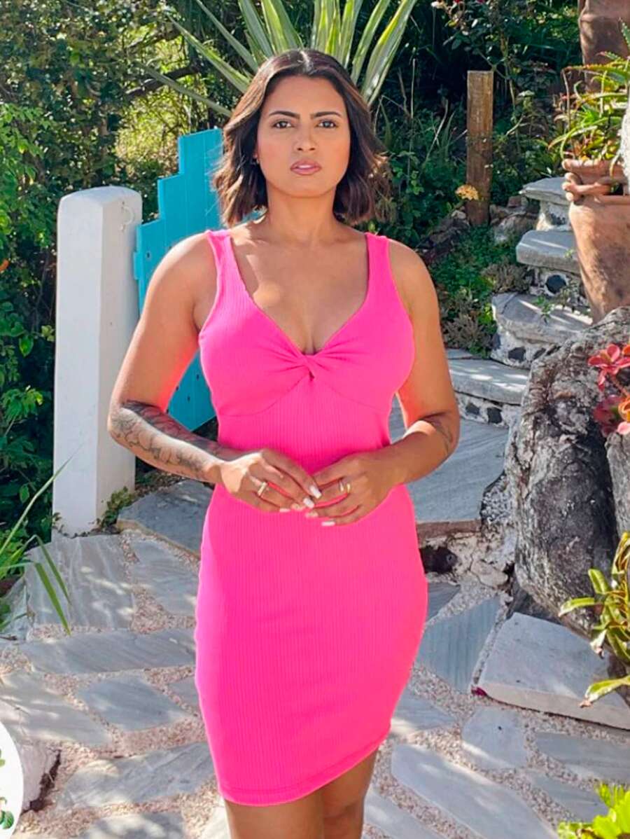 Women's Short Dress, Tight-Fitting, Ribbed, With Padded Bra - Màu Hồng Tươi - Xem 1