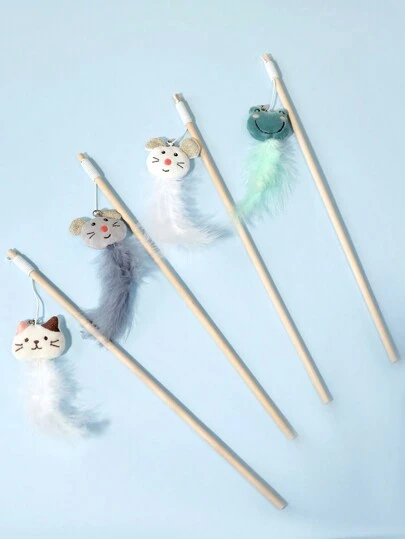 PETSIN 1 件装毛绒卡通动物带铃铛猫玩具羽毛逗猫棒宠物用品