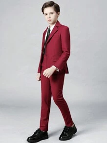 Conjunto de 4 piezas para niño, esmoquin para niño pequeño, atuendo formal, traje de pajecito, chaqueta, pantalones, corbata, traje formal, burdeos, talla 4-16 años - Burdeos - Ver 5