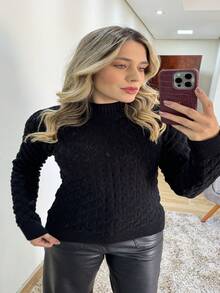 Women's Modal Knit Blouse With Scales, Long Sleeves, Round Neck - 黑色 - 查看 4