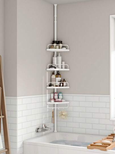 SONGMICS Shower Corner Shelf, 4-Tier Bathroom Shower Shelf, 85-305 Cm Adjustable Shower Caddies, Bathroom Organiser, White Bathroom Storage, White