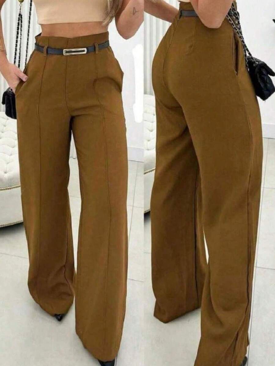 Women's Formal Wide Leg Tailored Trousers With Belt - 鏽棕色 - 查看 1