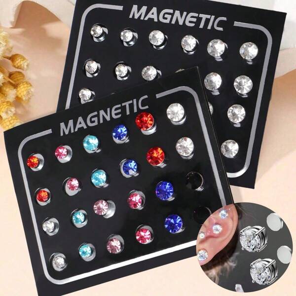 2pcs/10pcs/24pcs Crystal Rhinestone Magnetic Stud Earrings Set For Women And Men - 4/5/6/7/8mm