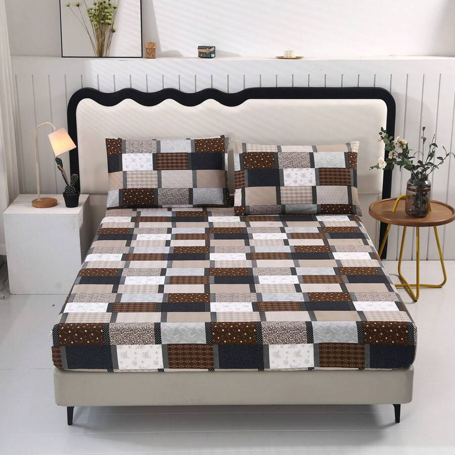 3pcs Printed Brushed Fitted Sheet Set [1pc Fitted Sheet + 2pcs Pillowcases], No Fitted Sheet, [Pillow Case Color Random], No Filling, Soft & Comfy, Suitable For Bedroom, Hotel, Dormitory, School, Vacation Rental