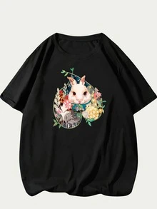 Easter Bunny T-Shirt Unisex Blouse Print Streetwear Casual Premium Comfort - 黑色 - 查看 1